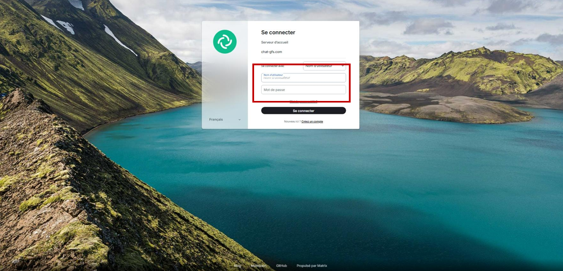 Insertion des identifiants sur Element Web